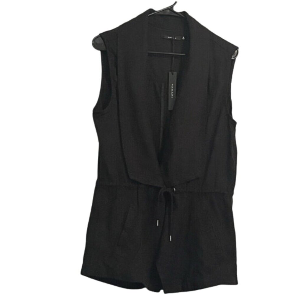 Tahari Black Drawstring Waist Vest Shawl Collar Slit Pockets Back Vent